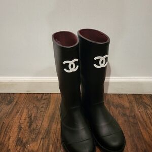 Chanel Black Rain Boots with White Logo